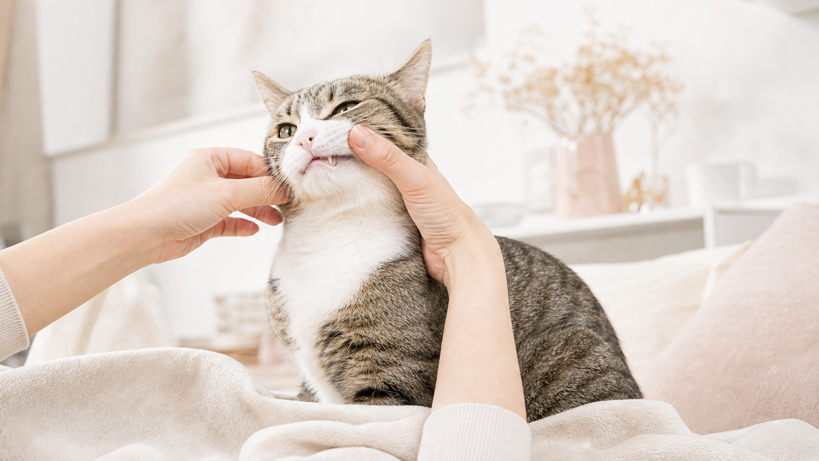 飼主在家中溫柔查看一隻貓的嘴巴外側