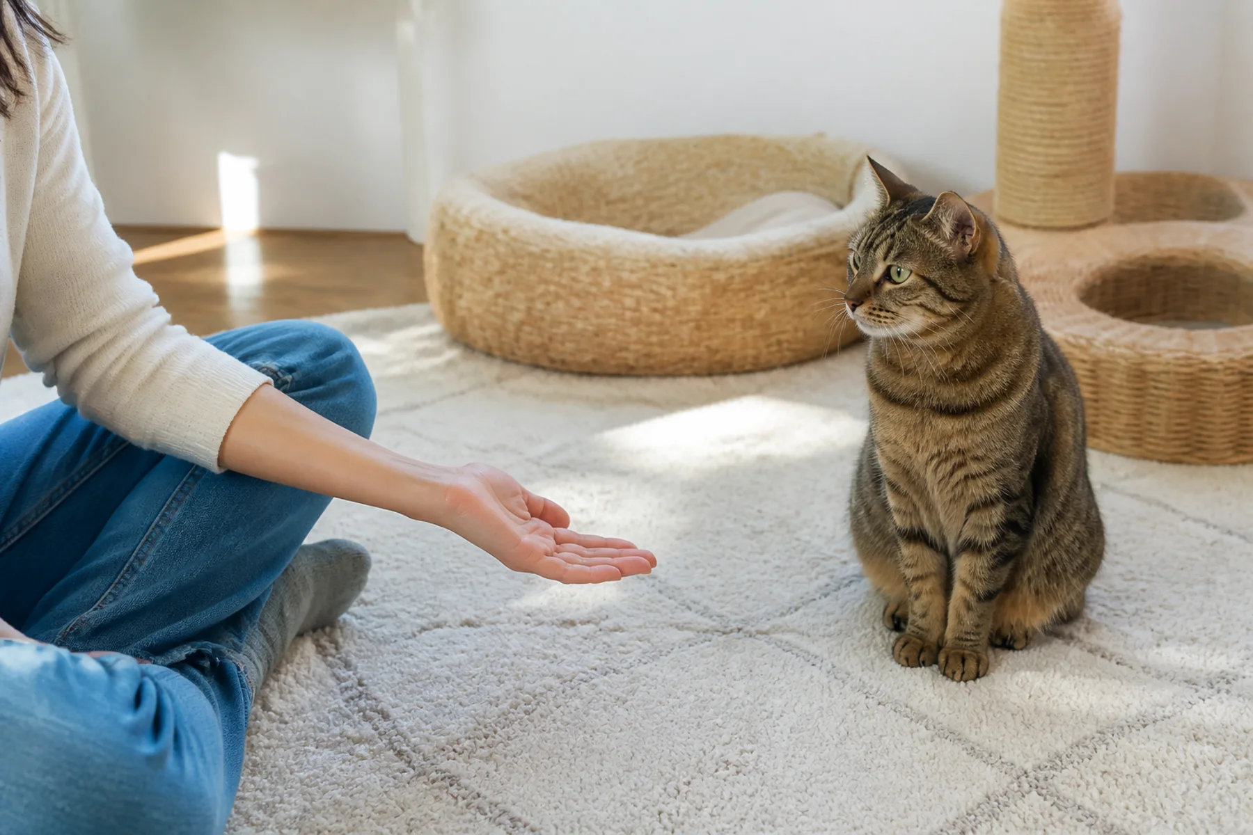 貓咪坐在飼主旁邊，飼主張開手但保持距離，讓牠自己決定是否靠近