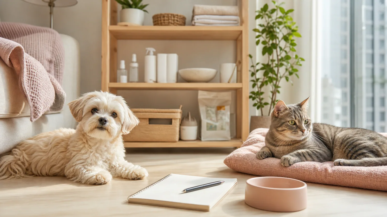 貓咪、乾糧袋、量碗、日曆與補貨時鐘組成的貓乾糧配送週期示意圖
