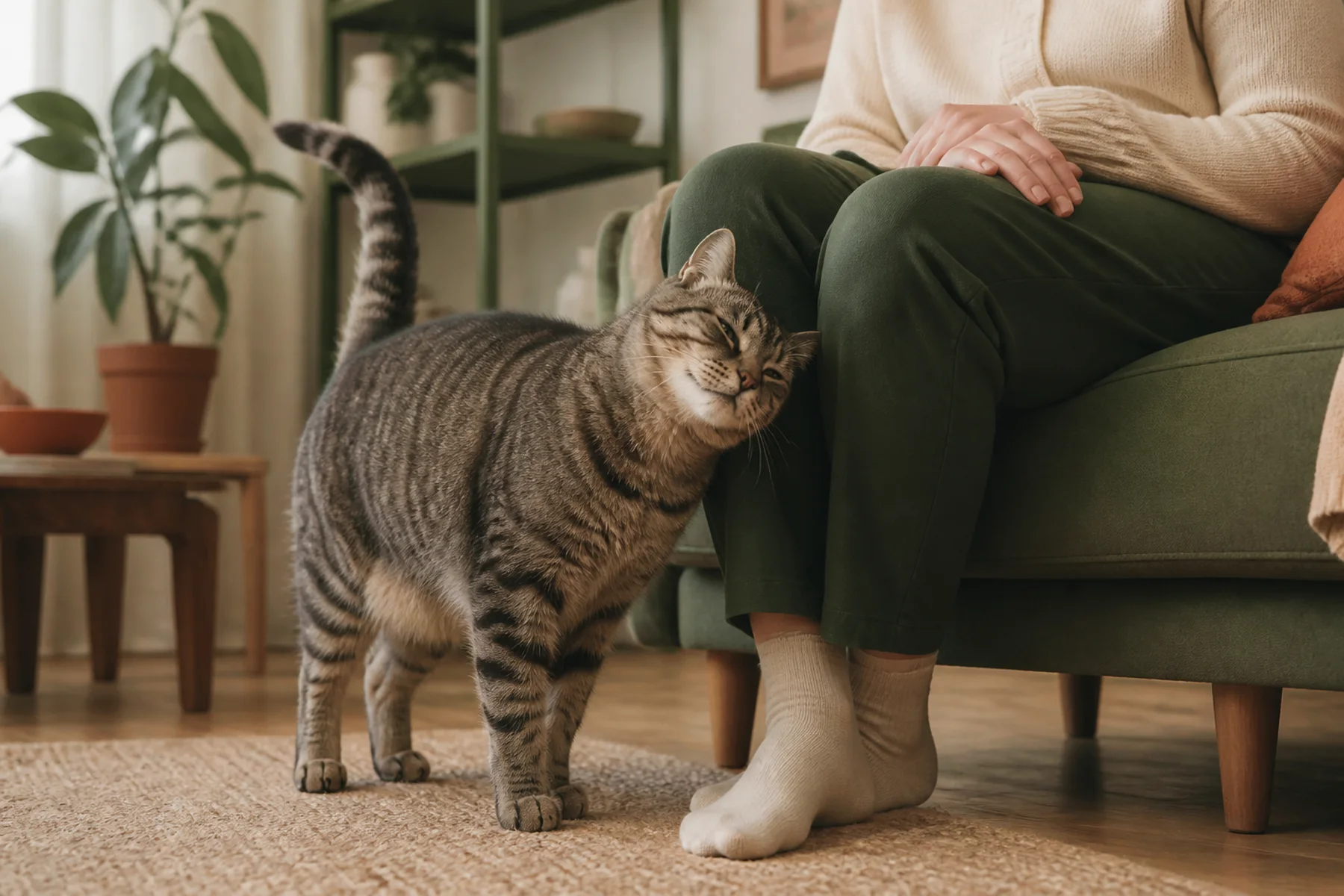 虎斑貓輕輕以面頰磨蹭坐著飼主的膝邊，飼主雙手安靜放著