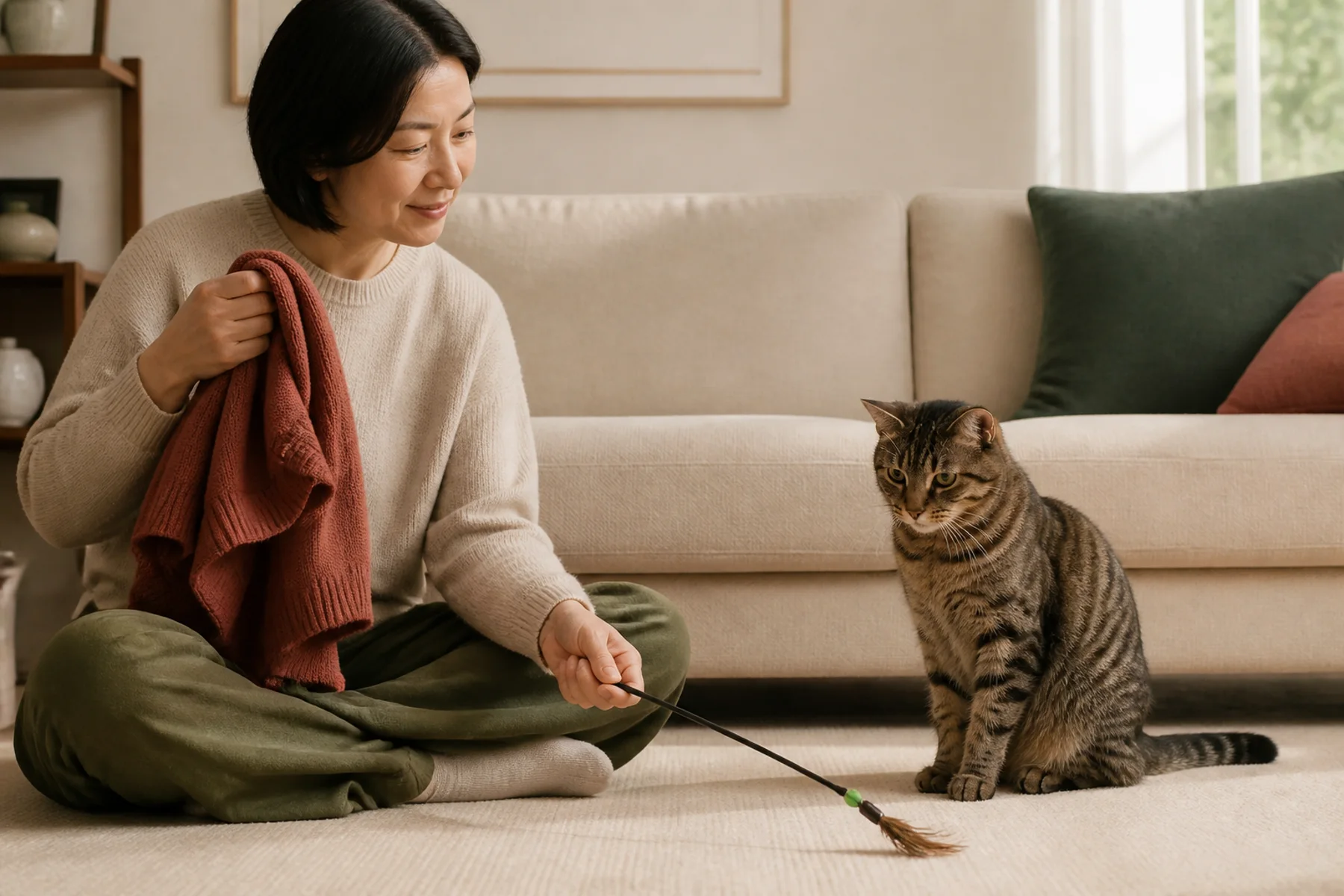 虎斑貓坐在沙發旁，飼主把針織外套收起並以逗貓棒轉移牠的注意力