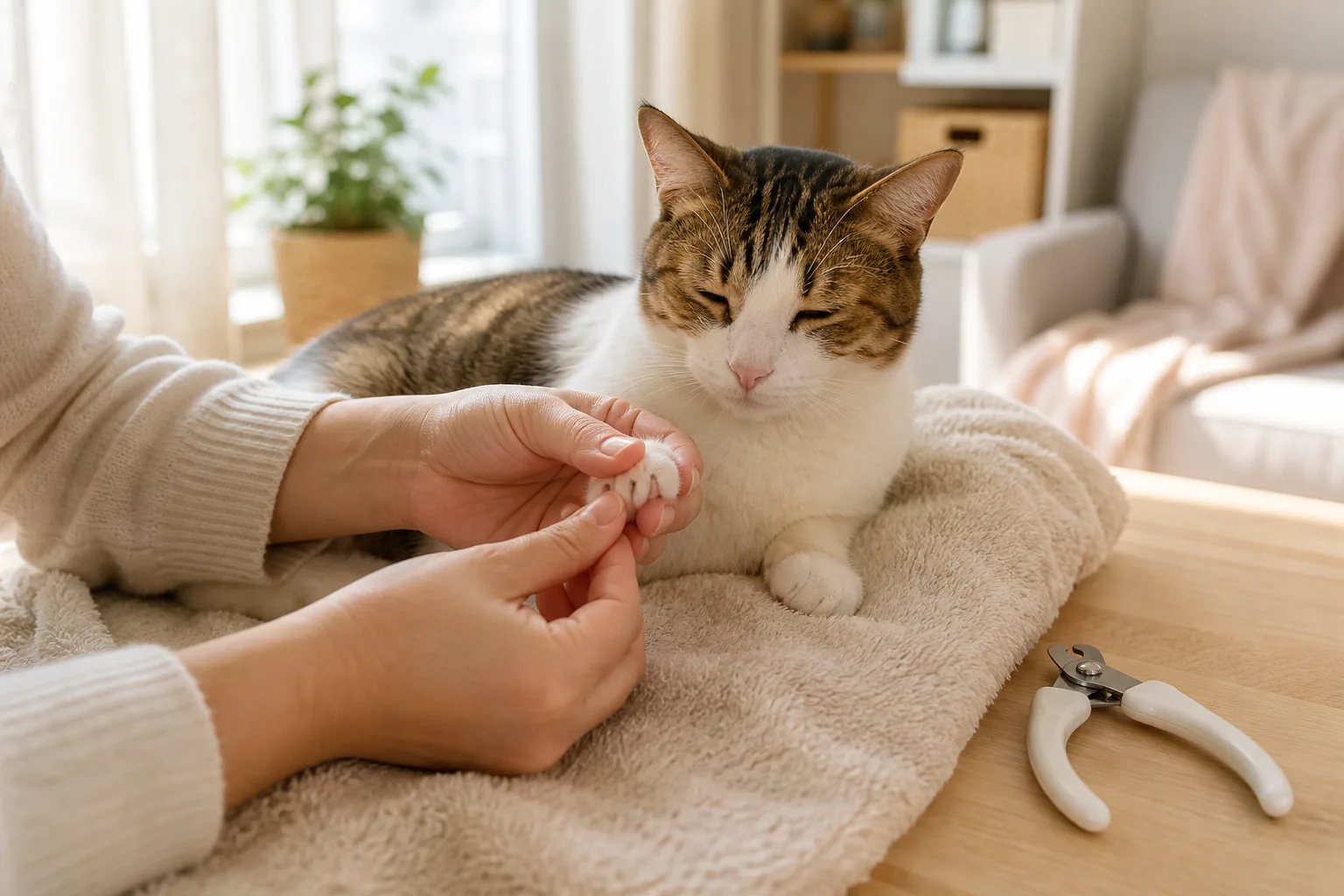 貓咪在毛巾上放鬆休息，飼主輕握前掌練習指甲照護