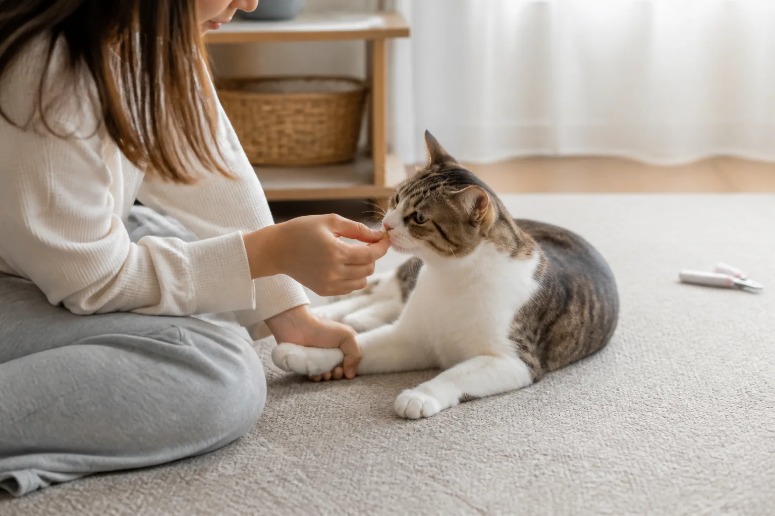 飼主在短暫觸碰腳掌後給放鬆的貓咪小獎勵，建立可預測的照護流程