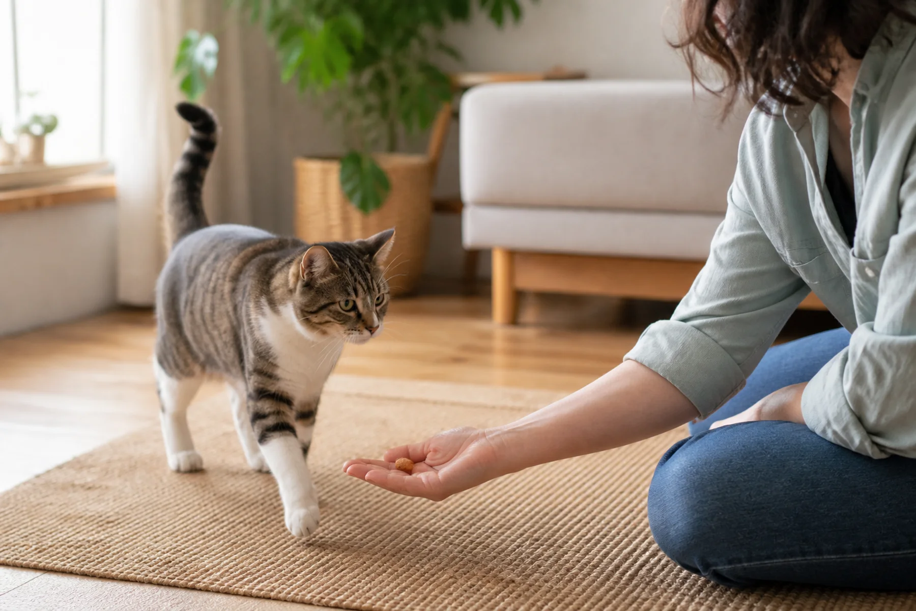 貓咪自願走向坐著的飼主，飼主以開放手掌提供一小份獎勵