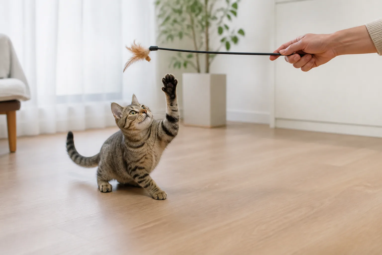 貓咪專注追逐逗貓棒前端玩具，飼主的手保持在安全距離外