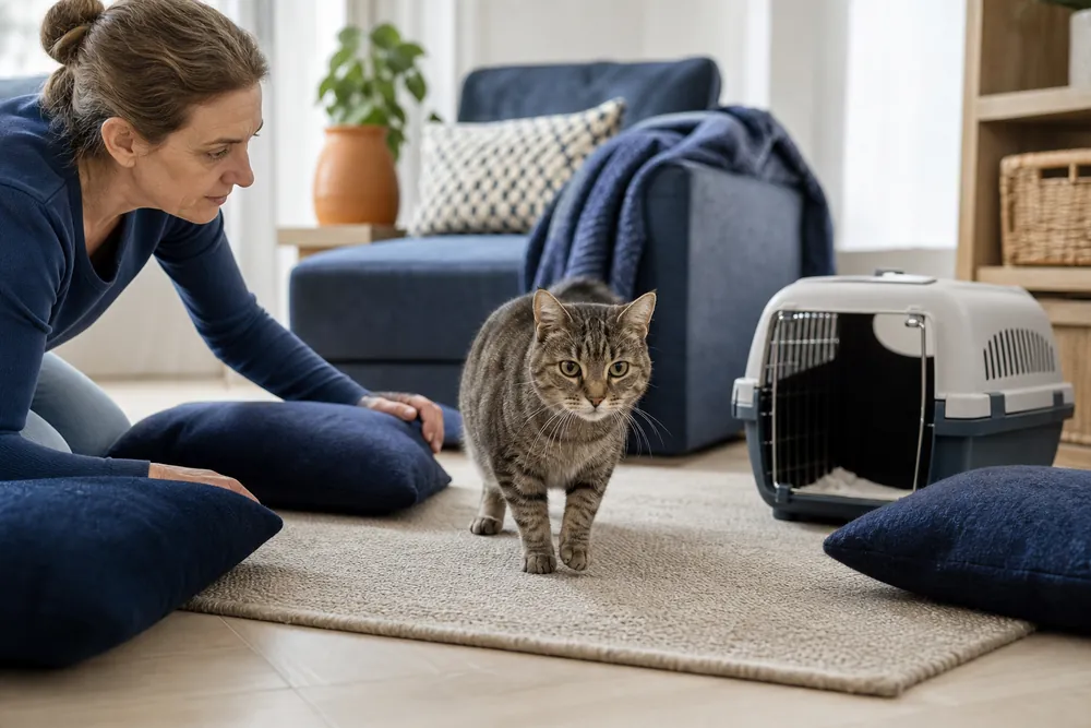 飼主把貓咪安置在低矮防滑區並準備外出籠