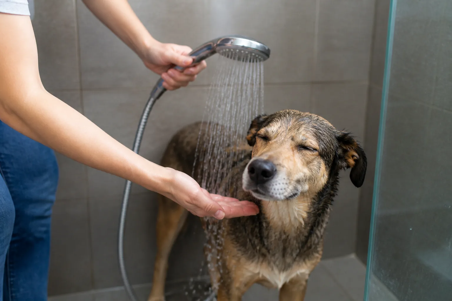 飼主以手背先確認水溫，再讓狗安全接觸淋浴水