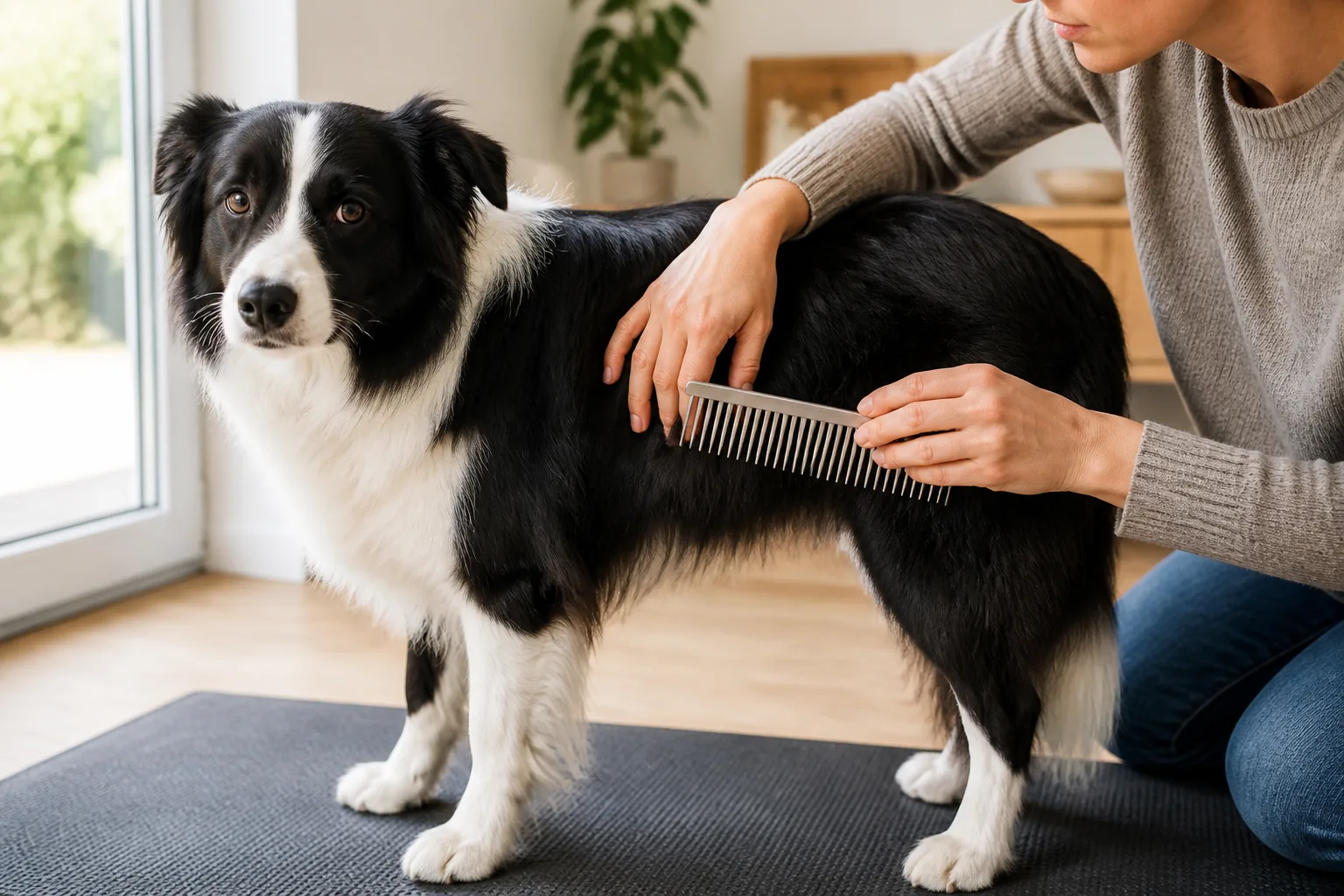 飼主在防滑墊上以寬齒梳溫和檢查狗狗被毛是否有小毛結