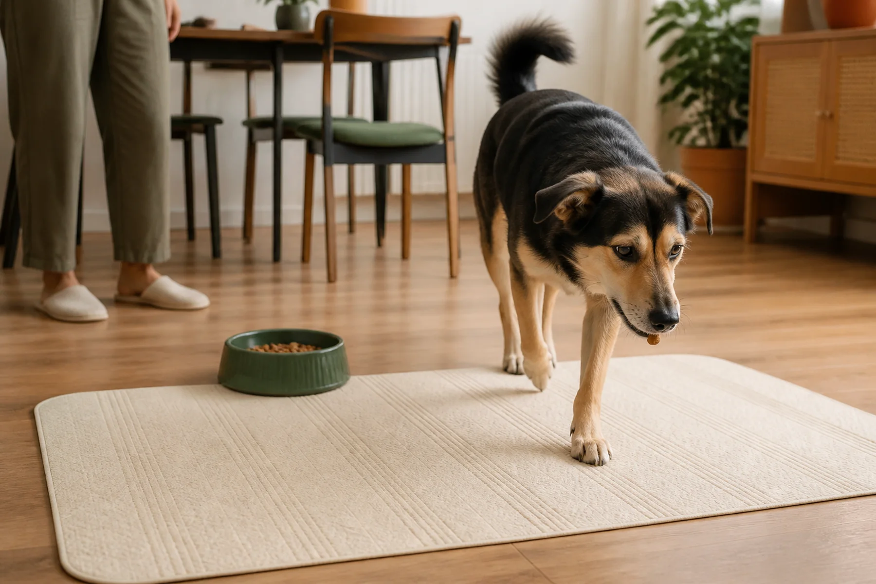狗狗把一粒飼料叼到食碗旁的清潔墊上，周圍安靜沒有其他寵物