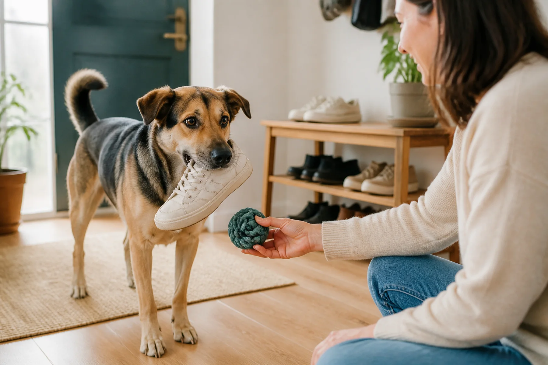 混種成犬輕叼一隻乾淨運動鞋，飼主平靜以安全玩具交換