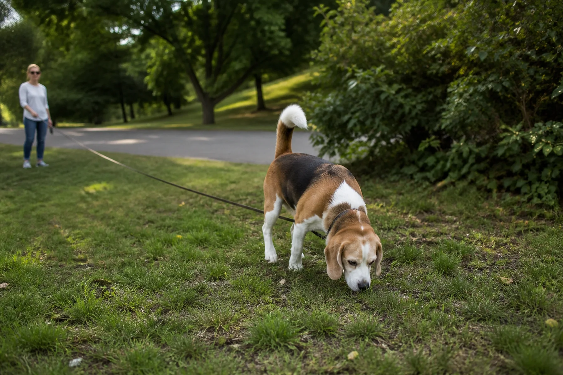 米格魯犬在安靜草地邊嗅聞並小幅轉圈，飼主以鬆牽繩保持距離