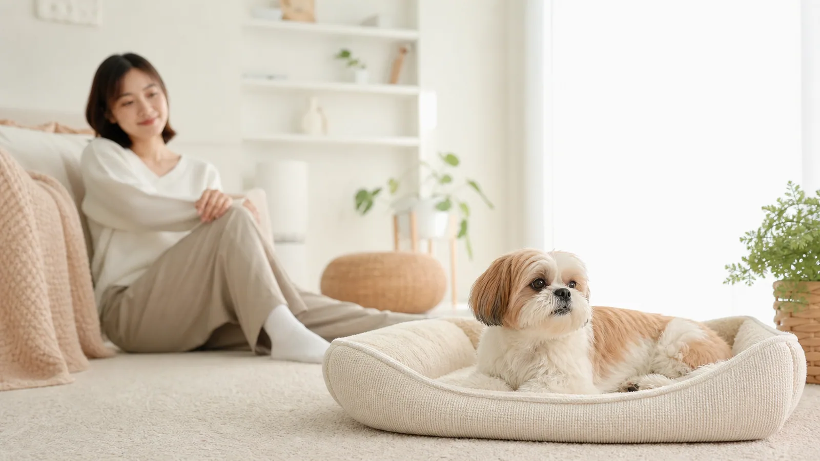 飼主在安靜家中觀察一隻休息中的小型犬呼吸狀況