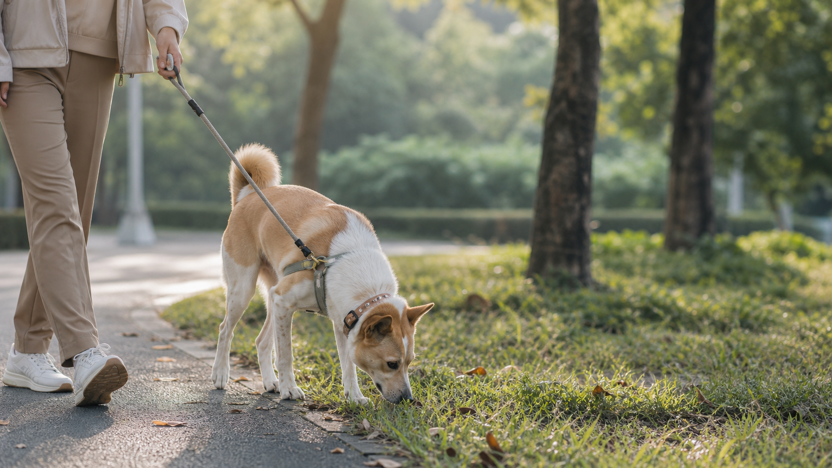 一隻黃白相間的狗在晨光公園裡用鼻子探索草地，飼主以放鬆的牽繩陪伴
