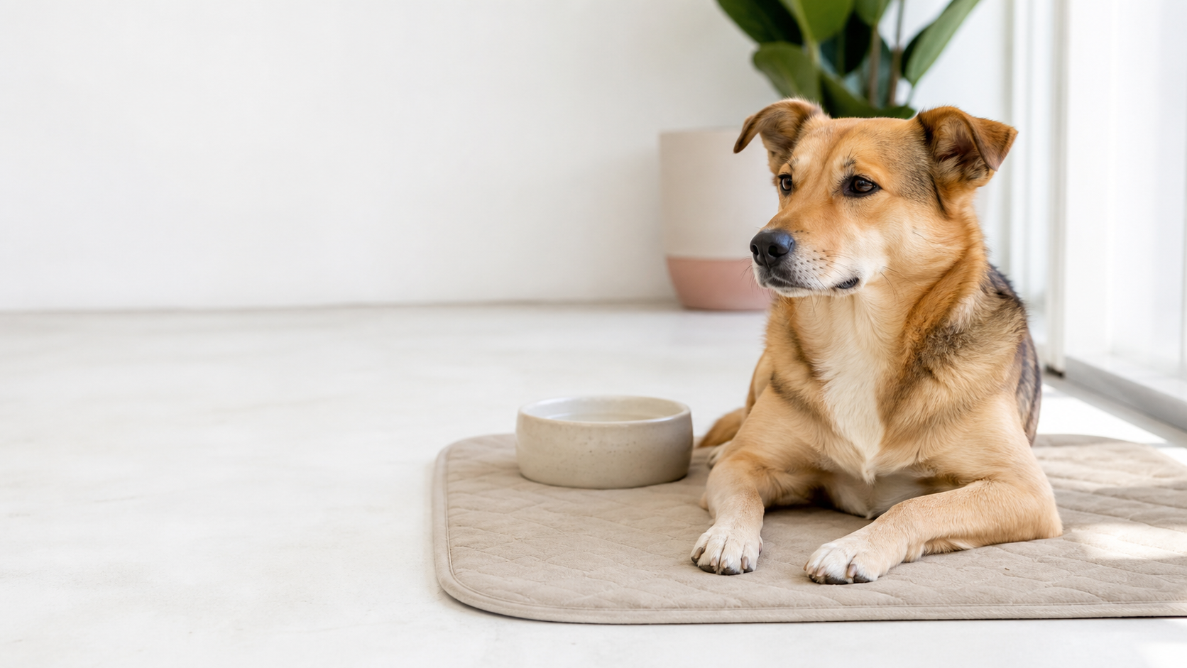 混種犬在明亮居家空間的可清潔墊旁休息，旁邊放著乾淨水碗