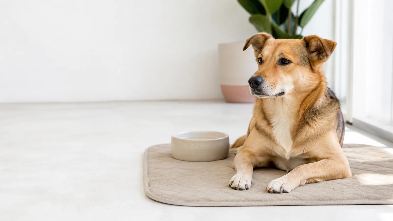 混種犬在明亮居家空間的可清潔墊旁休息，旁邊放著乾淨水碗