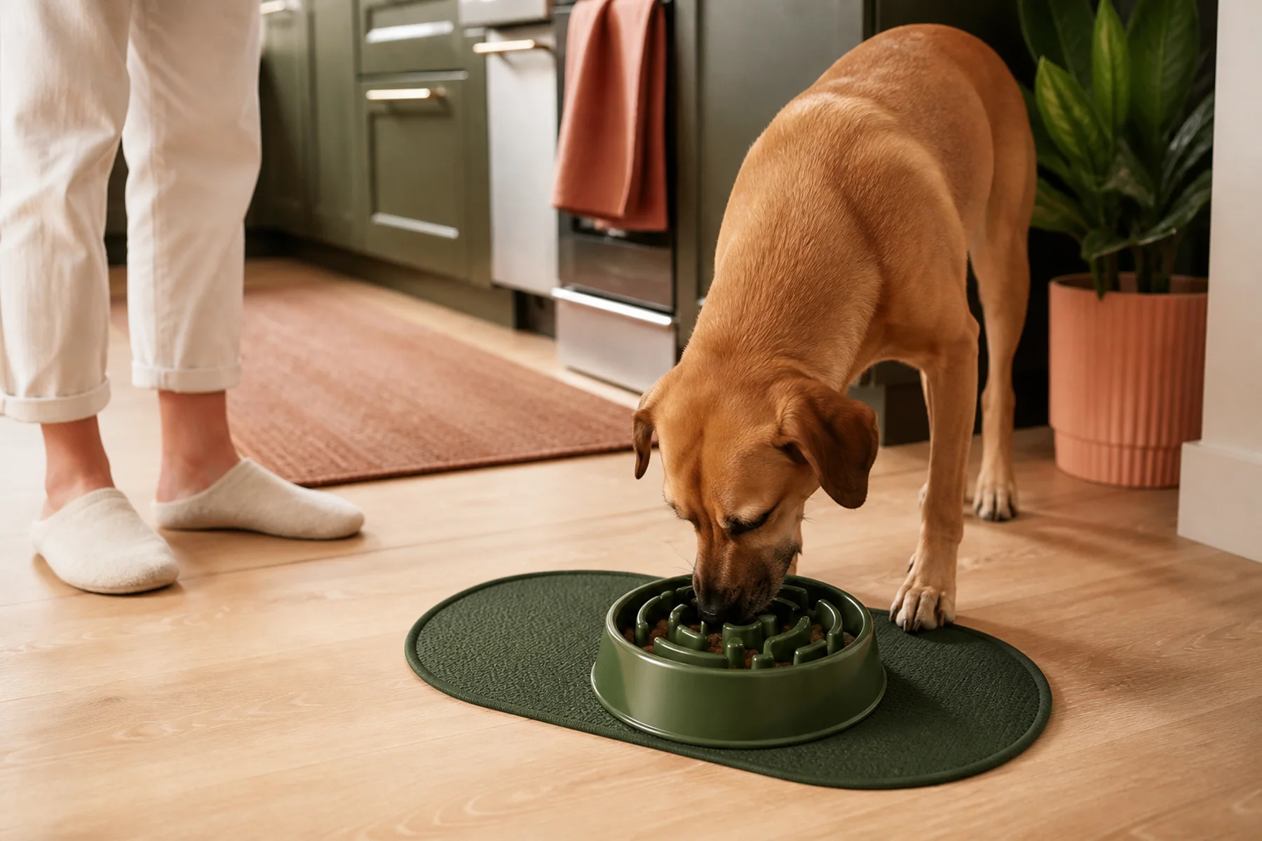 狗狗在防滑墊上使用慢食碗，飼主在旁安靜觀察