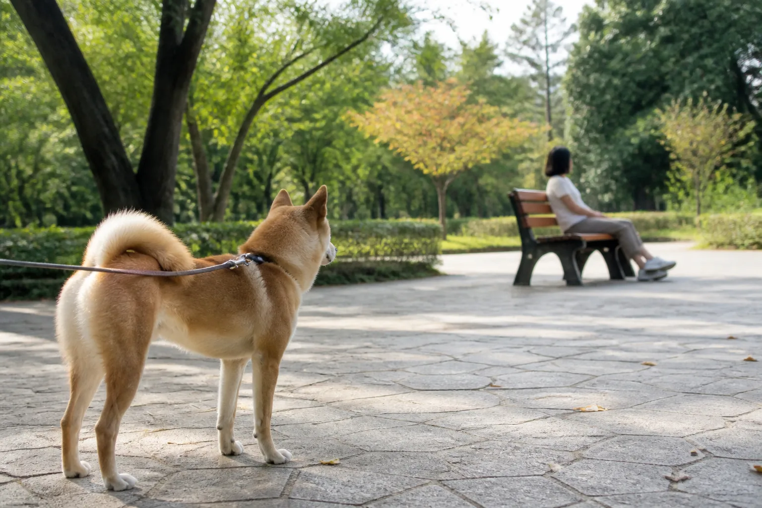 狗狗在開闊步道上隔著距離觀察陌生人，飼主沒有要求接觸