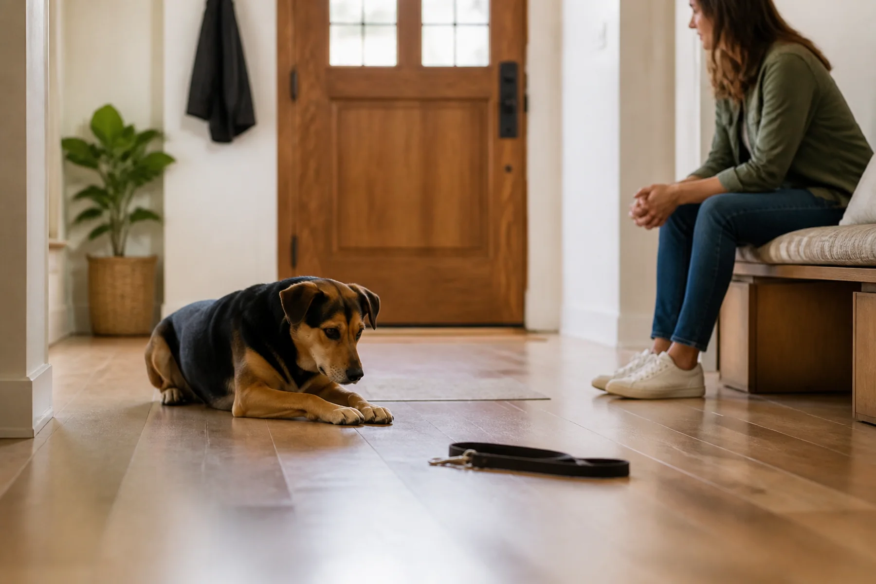 混種犬在玄關安靜看著遠處地上的牽繩，飼主側身坐著耐心等待