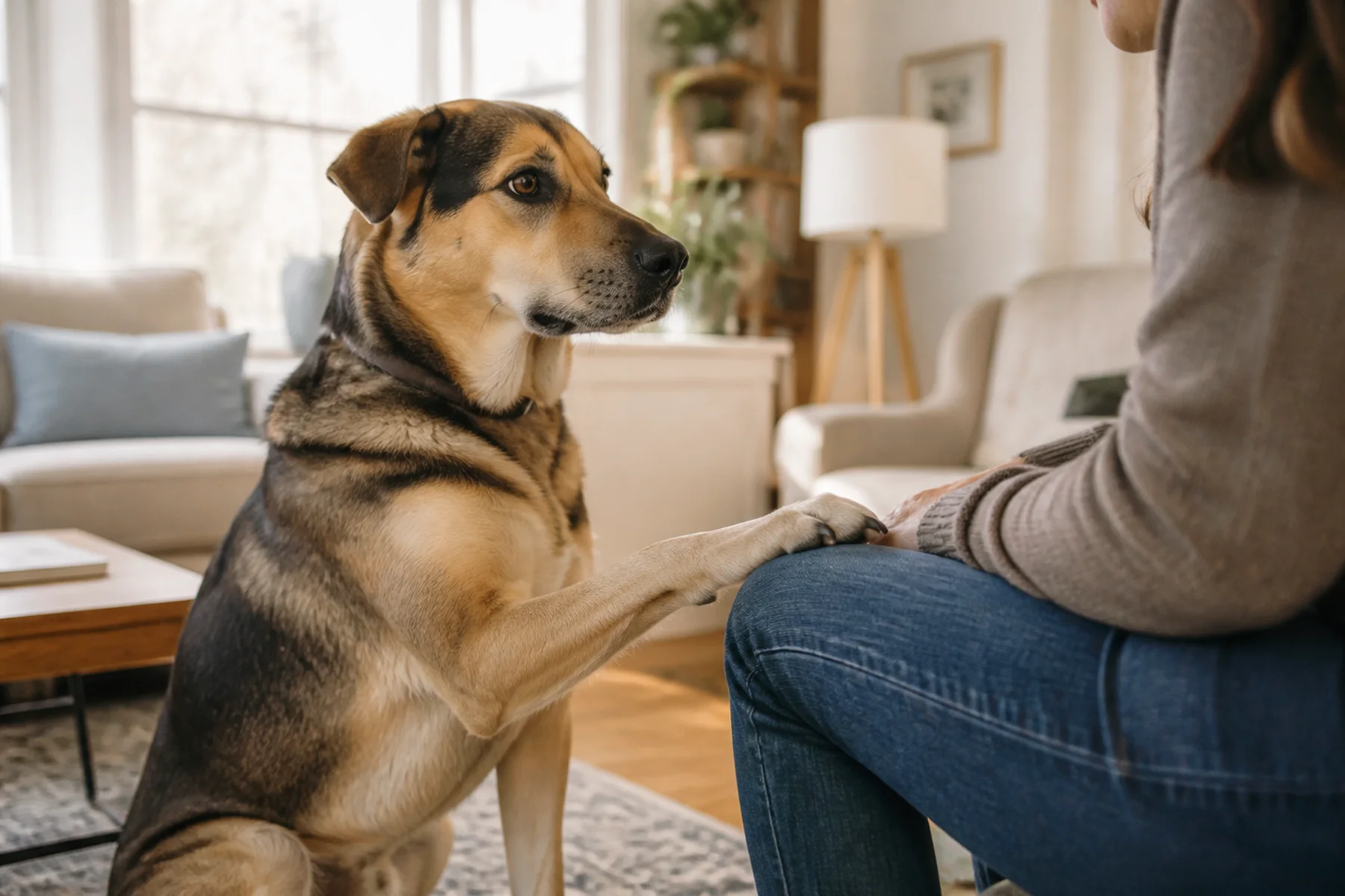 混種成犬輕輕將前爪放在坐著飼主膝邊，飼主平靜等待