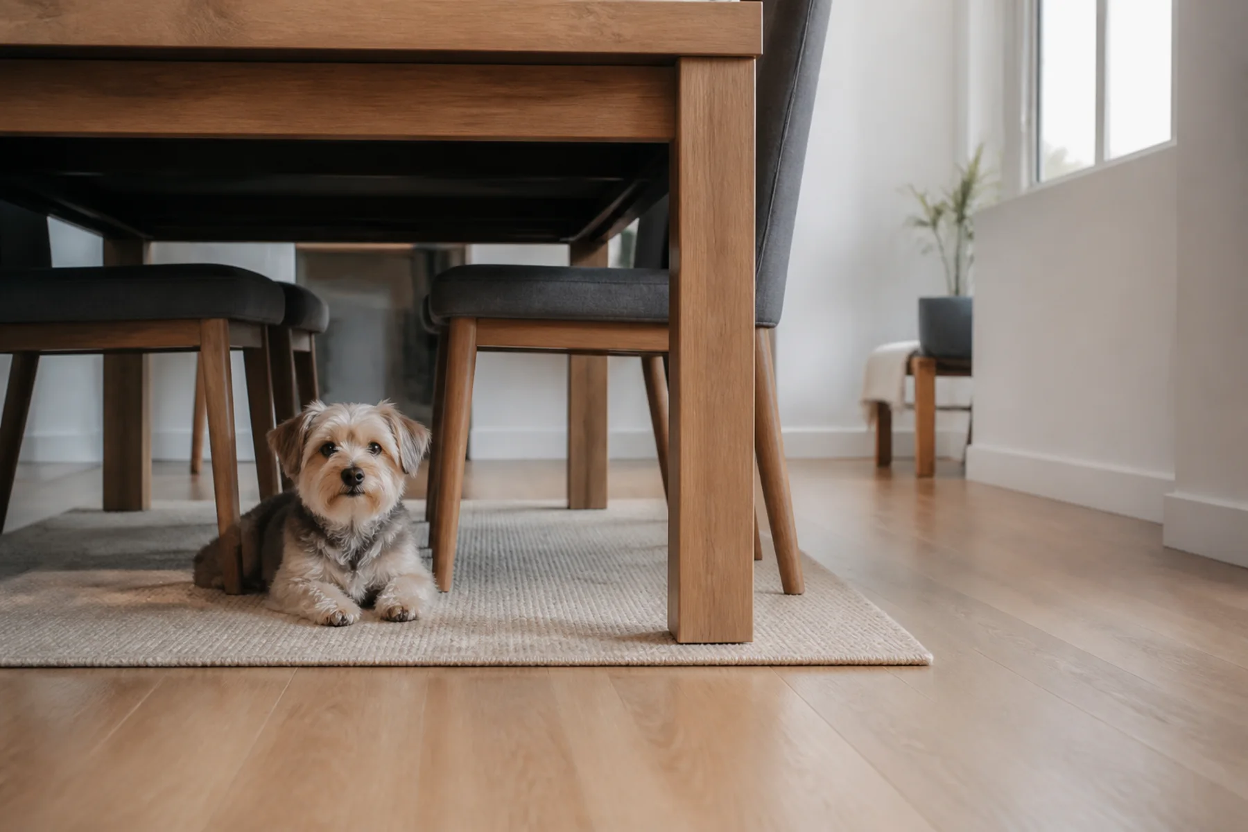 小型犬在開放出口的餐桌下安靜休息