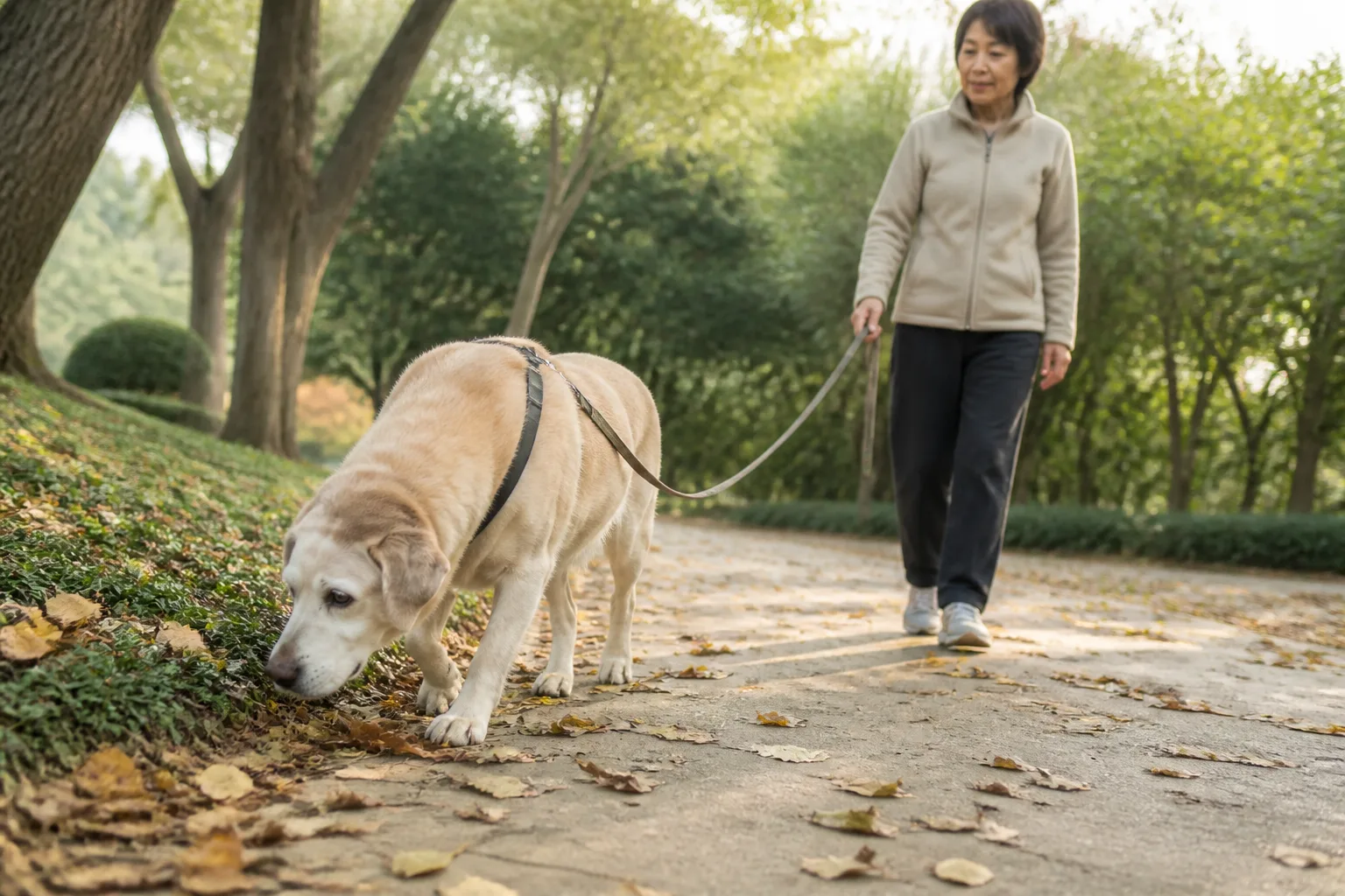 熟齡犬在平坦公園步道慢慢嗅聞落葉,散步速度保持溫和
