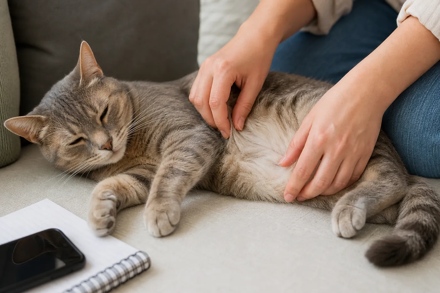 飼主在家中輕柔查看貓咪腹部毛髮與皮膚