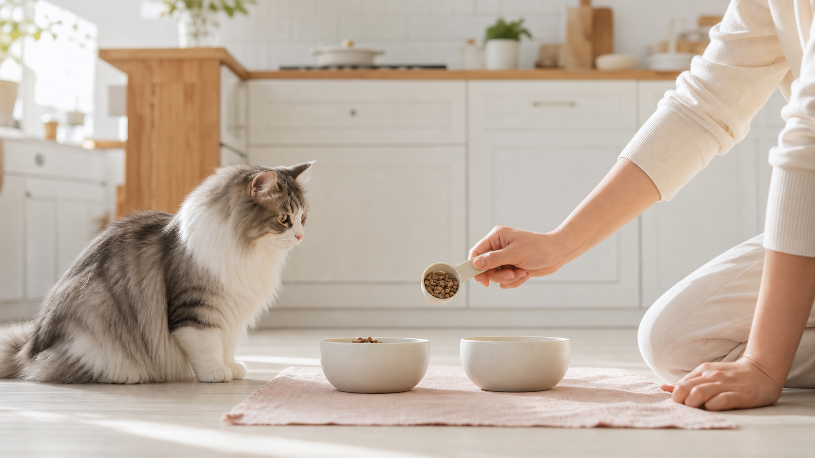 飼主為貓咪準備兩碗循序換糧的飼料