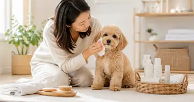 飼主在明亮居家環境為狗狗進行日常清潔與洗護，旁邊放有毛巾與寵物清潔用品