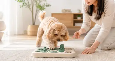 狗狗在飼主陪伴下操作益智藏食玩具，示範寵物益智玩具難度與互動玩法
